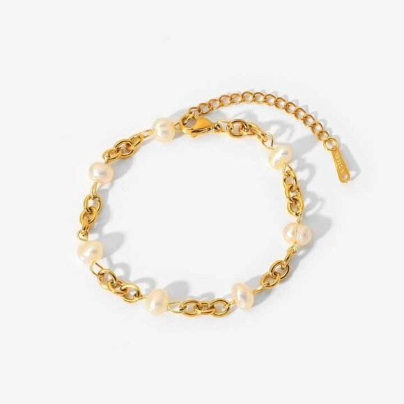 18k Gold Stainless Steel Luxury Natural Freshwater Pearl Bracelet - Picture 1 of 1